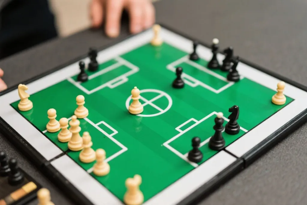 战术板上密布的磁性棋子与画出的战术路线，展现专业足球教练的视角